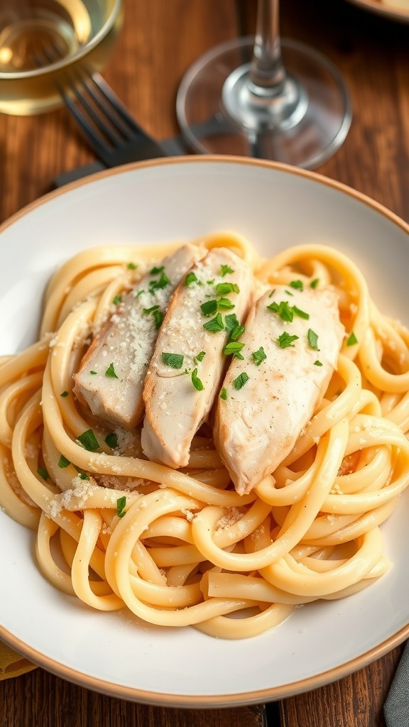 A bowl of creamy Chicken Alfredo pasta with fettuccine, chicken slices, and parsley on a wooden table.